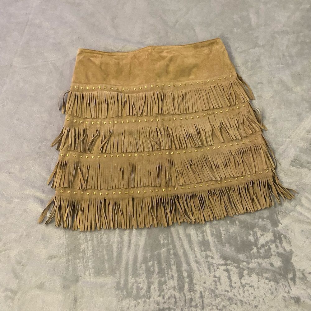Lou Andrea Studded Fringe Real Suede Skirt, Size 38(M)